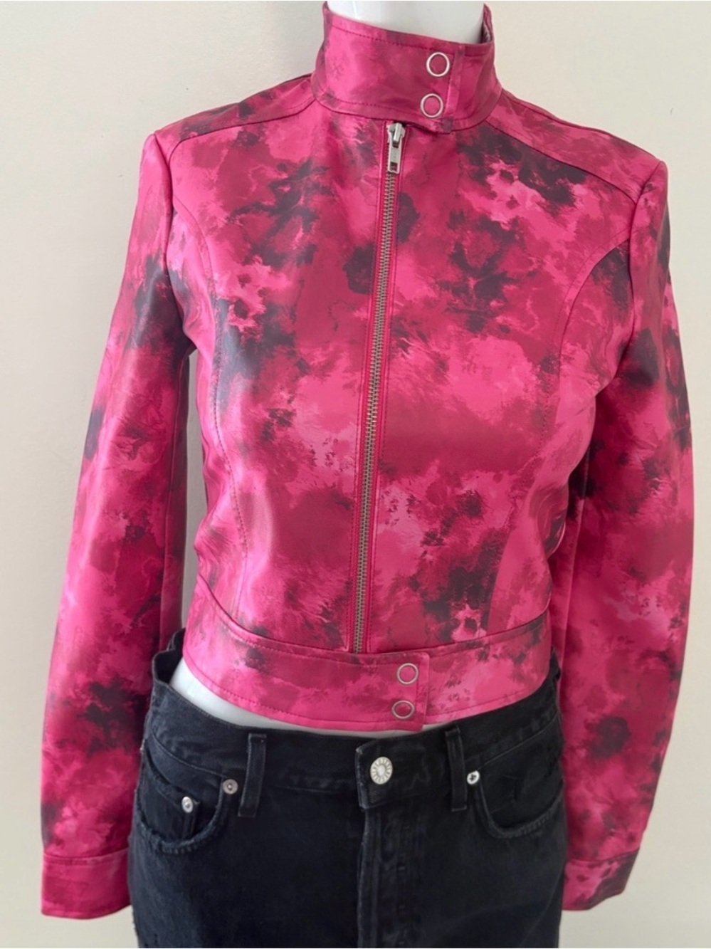I.AM.GIA Reika Faux Leather Moto Jacket Pink Black Tie Dye Print Stand up Collar